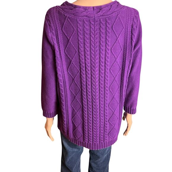 Lands’ End Cable Knit Chunky Purple Swearer 1X Scoop Neck Wrist Length Sleeve - Picture 3 of 5